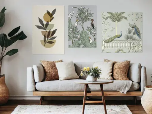 Un salon moderne avec un canapé gris, des coussins texturés et un mur de cadre orné de trois tableaux : art abstrait, oiseaux et paons dans un jardin.