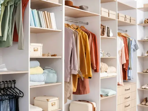 Un dressing bien organisé avec des vêtements suspendus, des étagères remplies de livres, de boîtes et de sacs. Idéal pour organiser son dressing.