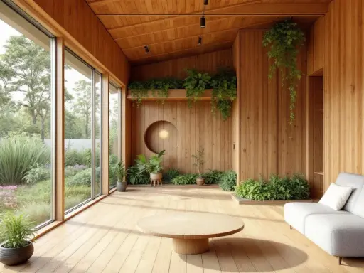 Un salon lumineux tout en bois, avec de grandes baies vitrées donnant sur un jardin luxuriant. Ce **logement du futur** intègre la nature avec des plantes suspendues et des jardinières.