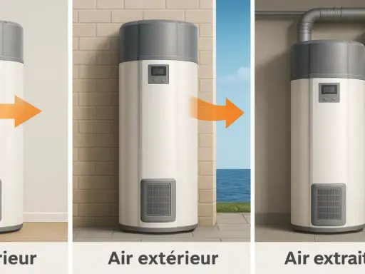 Schéma montrant comment brancher VMC sur ballon thermodynamique : air intérieur, air extérieur, air extrait.
