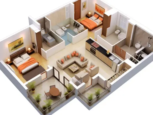 Plan d'une petite maison 2 chambres avec salon, cuisine, deux salles de bain et balcons.