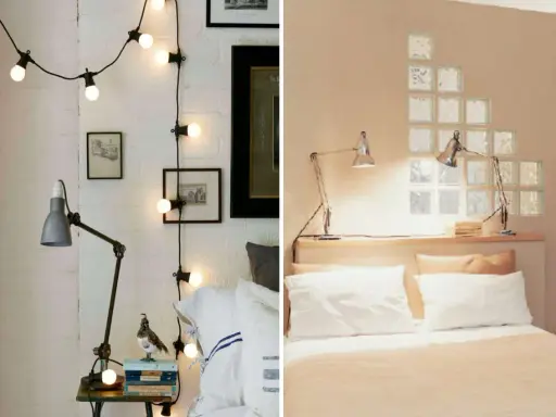 Guirlande lumineuse et lampe d'appoint dans une chambre borgne. Le mur de gauche est en briques blanches, celui de droite est beige avec des carreaux de verre.