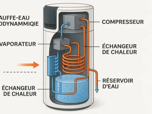 Schéma d'un chauffe-eau thermodynamique air extérieur : compresseur, évaporateur, échangeurs de chaleur et réservoir d'eau.