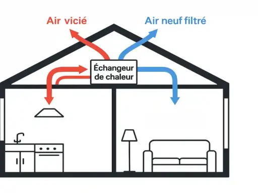 Schéma illustrant le fonctionnement d'une VMC double flux : l'air vicié est extrait et l'air neuf filtré est insufflé, avec un échangeur de chaleur.