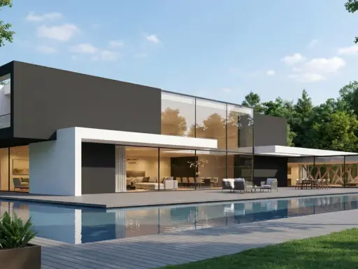 Une **maison cube moderne plain-pied** avec piscine, entourée d'arbres. Lignes épurées, grandes baies vitrées, terrasse en bois.