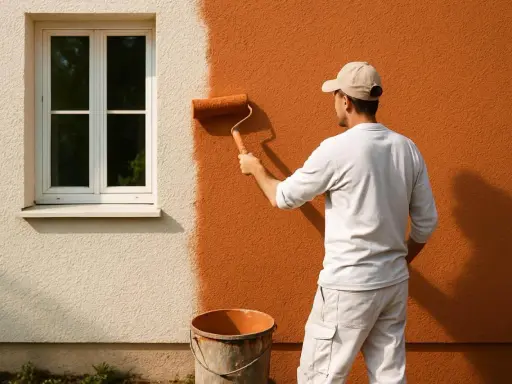 Un homme en casquette applique une peinture sur crépi ocre à l'aide d'un rouleau, transformant une façade blanche.