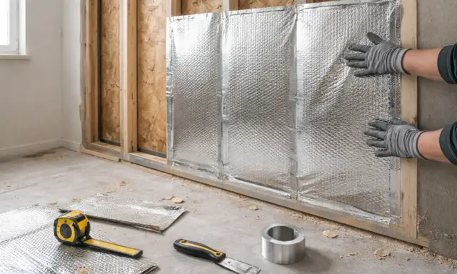 Pose d'un isolant mince sur un mur en construction. Des mains gantées ajustent le matériau réfléchissant. Outils de pose au sol.