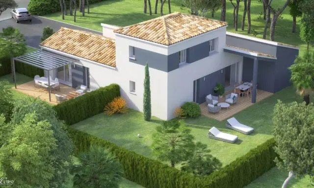 Plan maison jumelée 80m2 avec terrasses en bois, pergola et jardin paysager. Idéal pour une famille.