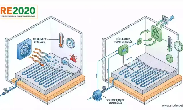 Schéma d'un plancher chauffant hydraulique montrant la régulation de l'air et de l'humidité pour un confort optimal.