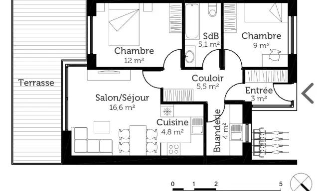 Plan d'une maison 60 m² avec terrasse, salon, cuisine, buanderie, deux chambres et salle de bain.