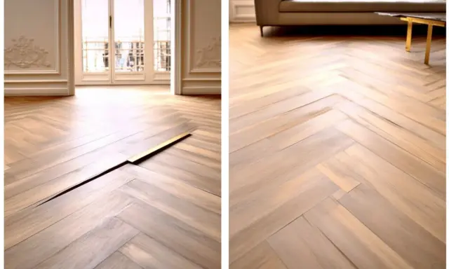 Parquet en chevrons gondolé, avec une lame dorée insérée dans une fissure.