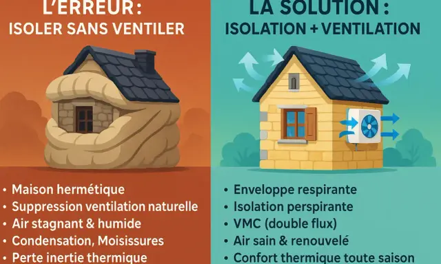 Schéma d'une maison autonome : l'erreur d'isoler sans ventiler cause humidité et moisissures, la solution est isolation et ventilation pour un air sain.