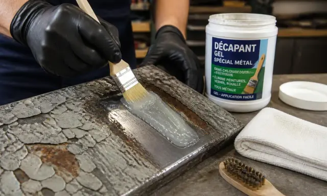Application d'un gel pour enlever peinture sur métal sans décapant. Un pinceau dépose le produit sur une surface métallique écaillée.