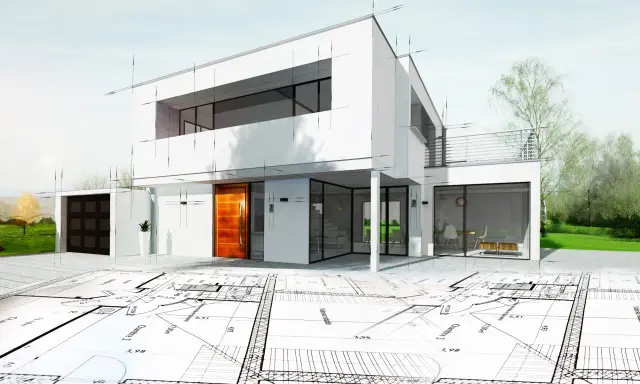 Plan maison etage : une maison moderne en cours de construction, superposée sur des plans architecturaux détaillés.