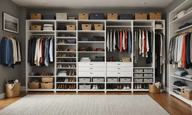 Système de rangement ouvert pour vêtements et chaussures, idéal pour comment ranger ses vêtements sans armoire. Paniers et étagères organisent tout.