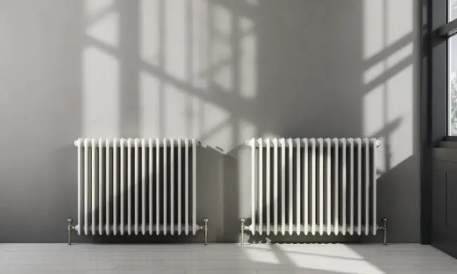 Deux radiateurs blancs classiques, parfaits pour reconnaître un radiateur haute température, projettent des ombres sur un mur gris.