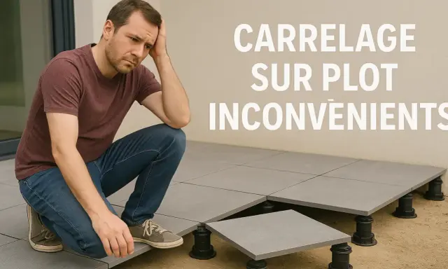Homme pensif devant un carrelage sur plots. Le texte indique "Carrelage sur plot inconvénients", suggérant des difficultés avec cette méthode.