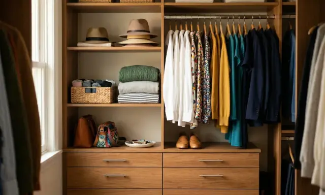 Un dressing bien rangé avec des chapeaux, des pulls pliés, des sacs et des vêtements suspendus. Idéal pour ranger son dressing.