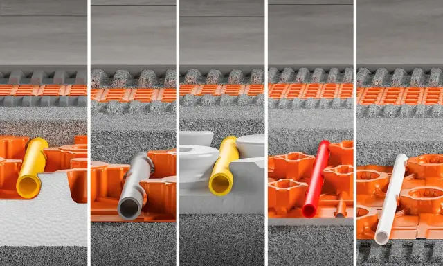 Coupes montrant l'installation du chauffage au sol. Des tubes de différentes couleurs (jaune, gris, rouge, blanc) sont intégrés dans des panneaux orange, sous un revêtement de sol.