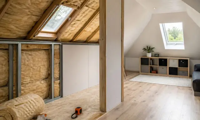Aménagement de combles : isolation en laine de verre, murs en plaques de plâtre et sol en OSB. Fenêtres de toit et étagères.