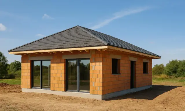 Une petite maison à construire en briques orange, avec un toit sombre et de grandes fenêtres, sur un terrain sablonneux sous un ciel bleu.