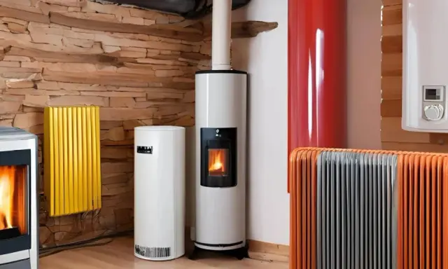 Plusieurs appareils de chauffage, dont des poêles à granulés et des radiateurs, sont alignés sur un mur en pierre. Un système de chauffage naturel pour un intérieur cosy.