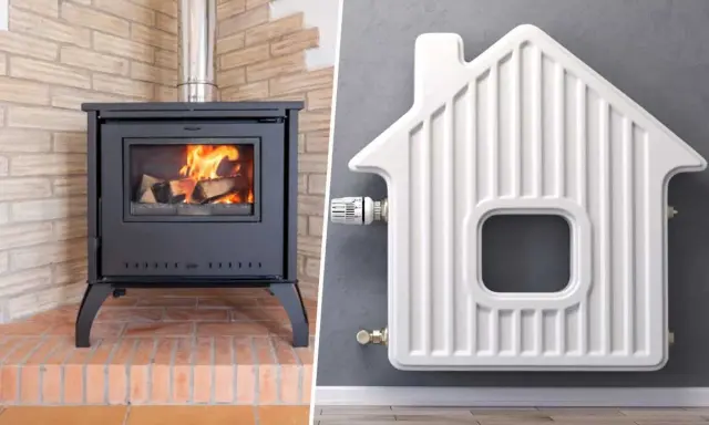 Poêle à bois et radiateur en forme de maison, symbolisant le raccordement poêle bouilleur chauffage central pour un confort optimal.