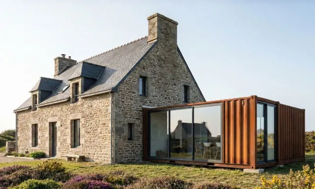 Maison en pierre avec une extension moderne en container maritime vitrée, offrant une vue sur la campagne fleurie.