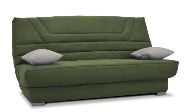 Canapé convertible vert kaki, deux coussins gris, taille clic clac standard. Parfait pour un petit espace.