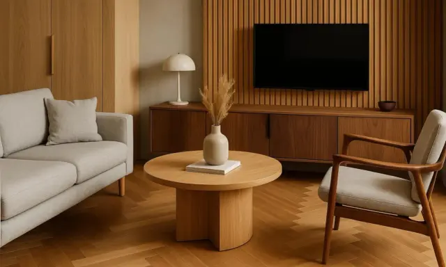 Comment aménager un salon en L : un canapé gris, une table basse en bois, un fauteuil et un meuble TV sur fond de lambris.