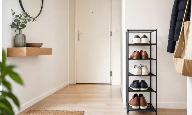 Étagère à chaussures bien rangée, parfaite pour ranger ses chaussures dans un couloir lumineux.