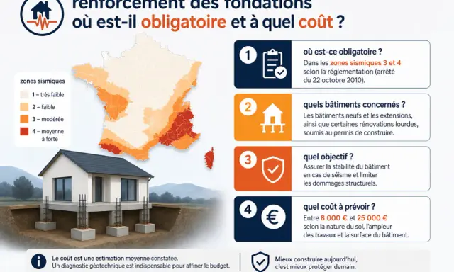 Illustration d'une maison sur fondations renforcées, avec une carte de France des zones sismiques. Le renforcement des fondations est obligatoire dans les zones 3 et 4.