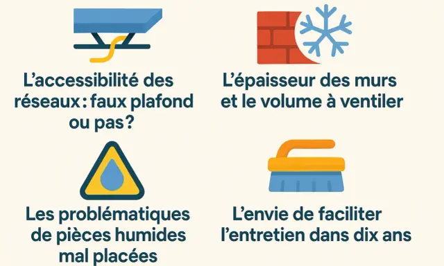 Conseils pour un installateur de VMC : accessibilité, épaisseur des murs, pièces humides et entretien futur.