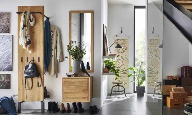 Une entrée dans un salon moderne avec un portant en bois, des manteaux, un sac à dos, des tableaux et une étagère avec des plantes.