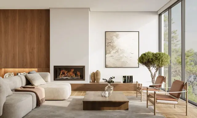 Aménagement d'un salon salle à manger de 30m2, avec un coin 25m2 pour le salon. Un feu de cheminée réchauffe l'espace.