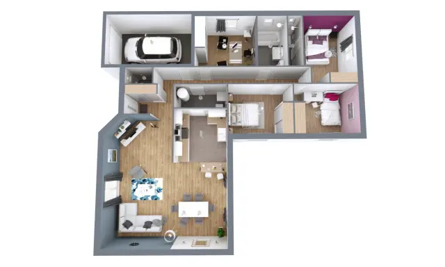 Plan 3D d'une maison avec garage, salon, cuisine, salle de bain et chambres.