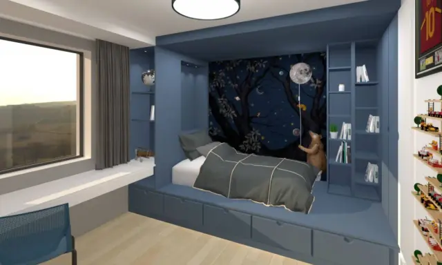 Idée pour aménager petite chambre enfant : lit intégré avec rangements, mur étoilé, ours en peluche et vue sur la campagne.