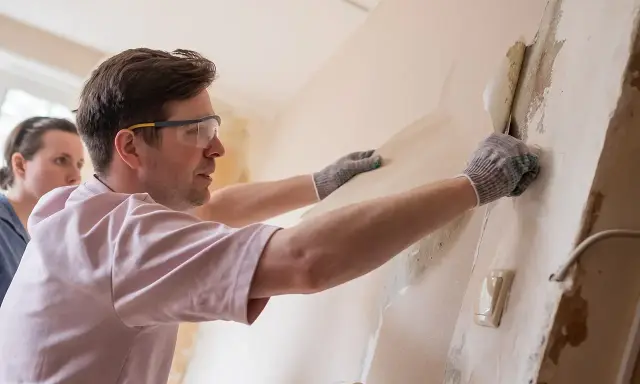 Un homme avec des lunettes de protection et des gants commence à décoller du vieux papier peint d'un mur, une femme l'observe.