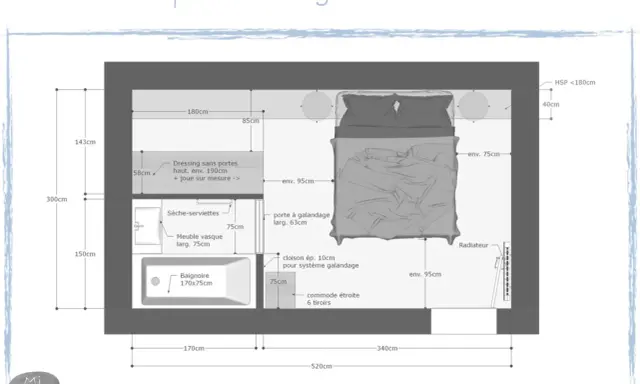 Plan d'une suite parentale de 15m2 avec dressing, salle de bain et chambre. L'agencement optimise l'espace.