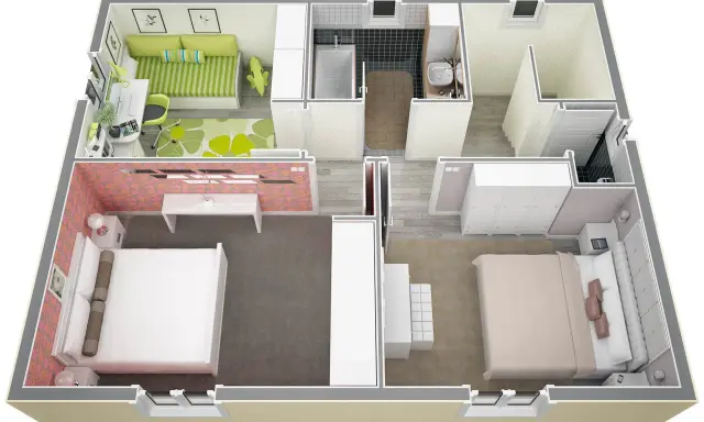 Plan d'une maison de 40m2. Le sol de cette maison de 40m2 comprend deux chambres, un salon, une salle de bain et une cuisine.
