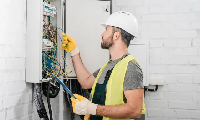 Un électricien artisan, casque blanc et gants jaunes, manipule des fils dans un tableau électrique.