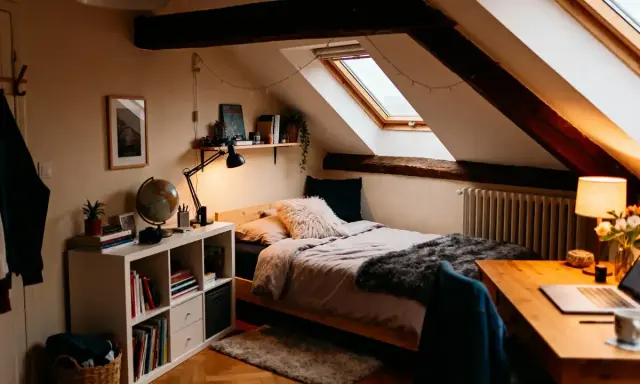Chambre sous comble très bas, avec lit douillet, bureau et étagères. Lumière chaleureuse et poutres apparentes.