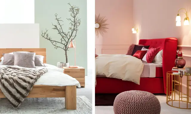 Deux ambiances pour une chambre : bois clair et vert pâle pour la douceur, ou rouge vif et rose pour l'audace. Quelle couleur conseillé pour une chambre ?