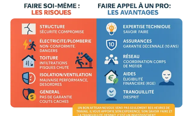 Comparer les risques du bricolage pour rénover une maison avec les avantages de faire appel à un professionnel : expertise, assurances, tranquillité.