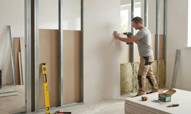 Un homme utilise une perceuse pour poser du placo sur une structure métallique. Des outils et des plaques de plâtre sont visibles.