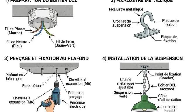 Schéma expliquant comment fixer un lustre au plafond avec crochet. Il montre la préparation du boîtier DCL, le fixalustre métallique, le perçage et la fixation au plafond, et l'installation de la suspension.