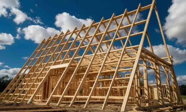 Charpente en bois d'une maison en construction, structure triangulaire sous un ciel bleu et nuageux.