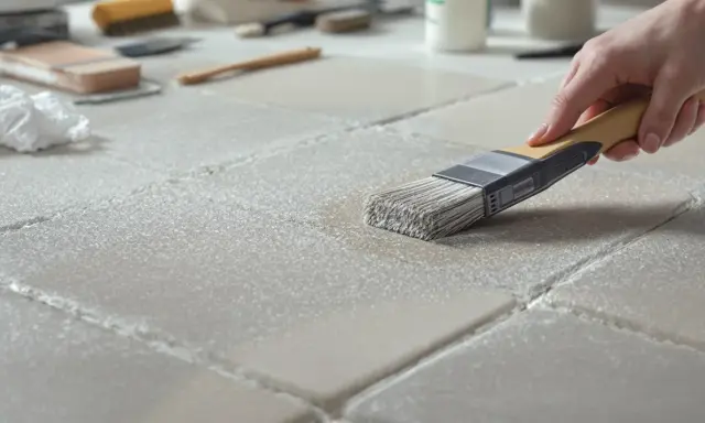 Application d'une couche de béton ciré sur du carrelage. Une main tient un pinceau pour étaler le produit sur les carreaux.