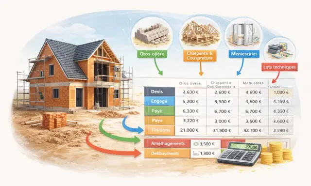 Illustration d'une maison en construction avec un tableau comparant les coûts. L'évolution du cout construction est visible à travers les différentes étapes.