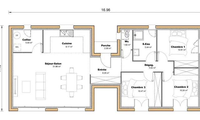 Plan de maison simple avec séjour-salon, cuisine, cellier, entrée, WC, S.Eau, et trois chambres.